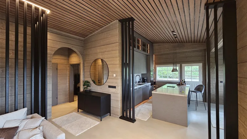 Complete summer house interior — kitchen island, arched doorway and slatted screens